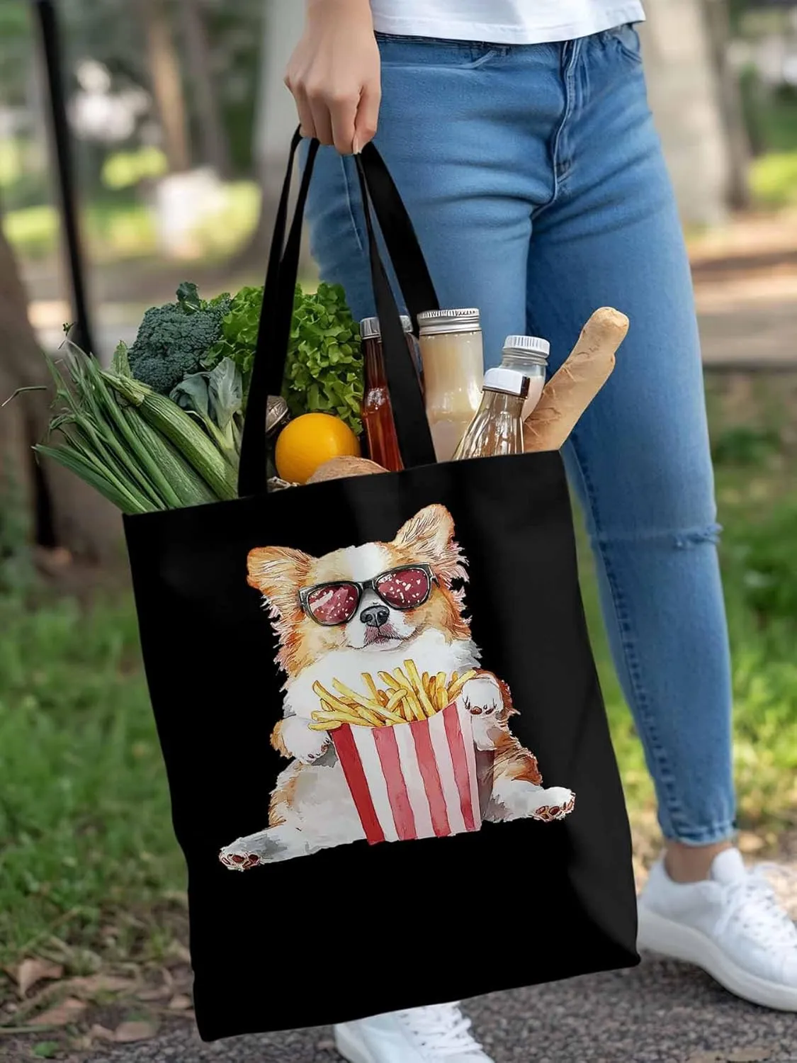 Canvas Tote Bag, Cute Funny Dog French Fries Aesthetic Canvas Tote Handbags for Women Shoulder Bag,
