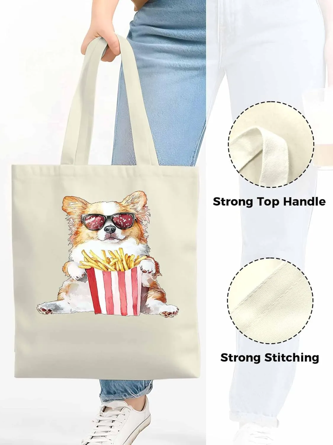 Canvas Tote Bag, Cute Funny Dog French Fries Aesthetic Canvas Tote Handbags for Women Shoulder Bag,