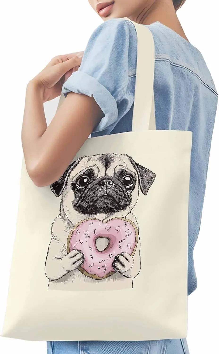 Canvas Tote Bag, Doughnut Dog Cartoons Aesthetic Canvas Tote Handbags for Women Shoulder Bag