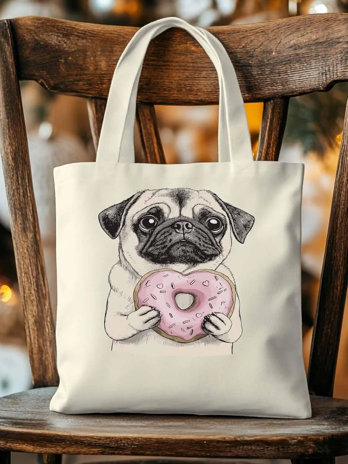 Canvas Tote Bag, Doughnut Dog Cartoons Aesthetic Canvas Tote Handbags for Women Shoulder Bag