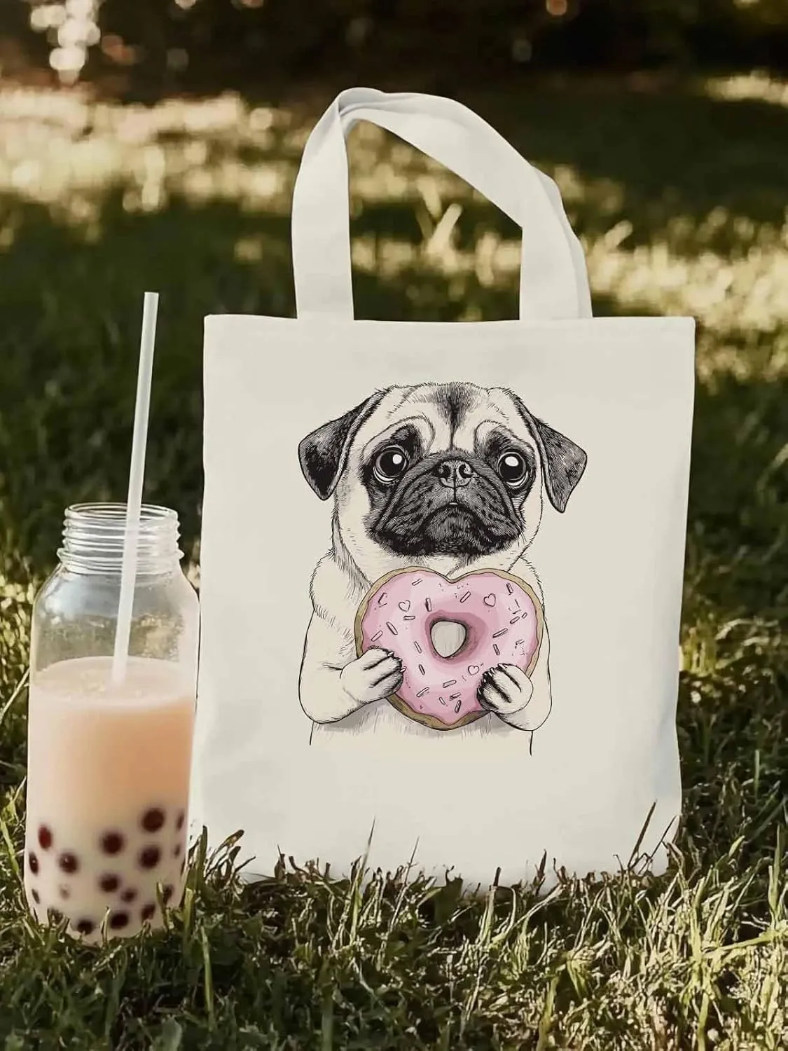 Canvas Tote Bag, Doughnut Dog Cartoons Aesthetic Canvas Tote Handbags for Women Shoulder Bag