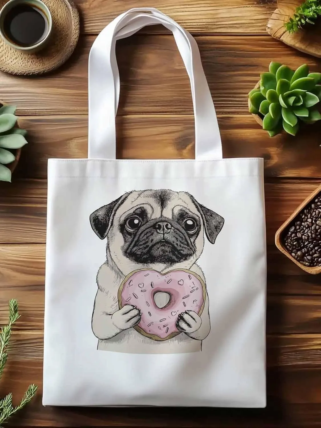 Canvas Tote Bag, Doughnut Dog Cartoons Aesthetic Canvas Tote Handbags for Women Shoulder Bag