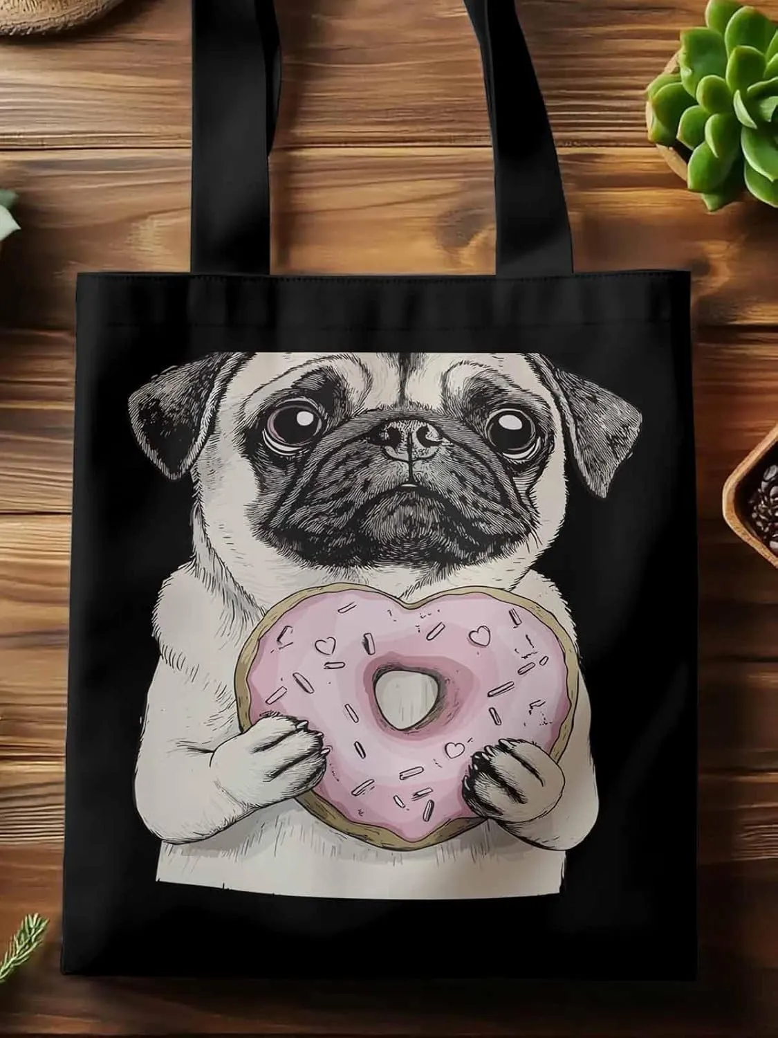 Canvas Tote Bag, Doughnut Dog Cartoons Aesthetic Canvas Tote Handbags for Women Shoulder Bag