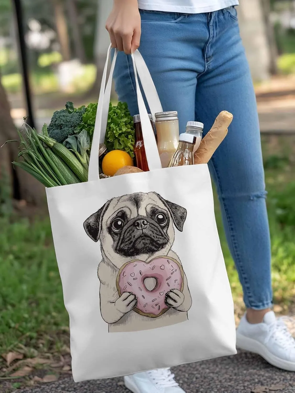 Canvas Tote Bag, Doughnut Dog Cartoons Aesthetic Canvas Tote Handbags for Women Shoulder Bag