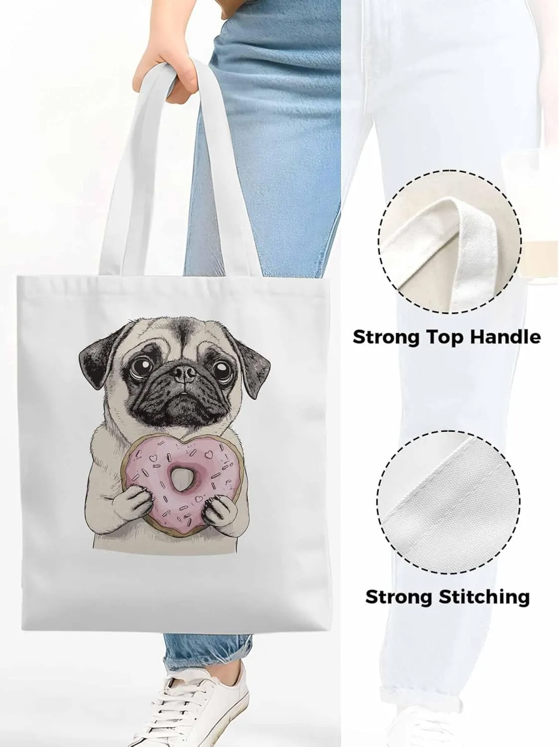 Canvas Tote Bag, Doughnut Dog Cartoons Aesthetic Canvas Tote Handbags for Women Shoulder Bag