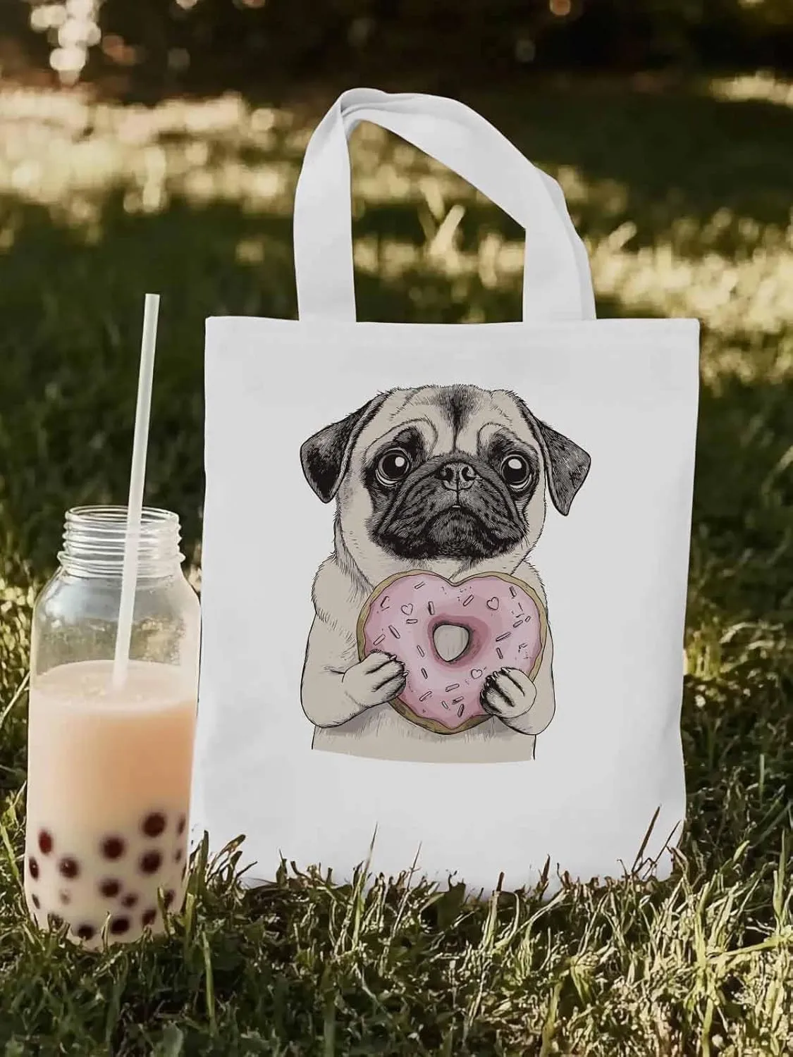Canvas Tote Bag, Doughnut Dog Cartoons Aesthetic Canvas Tote Handbags for Women Shoulder Bag