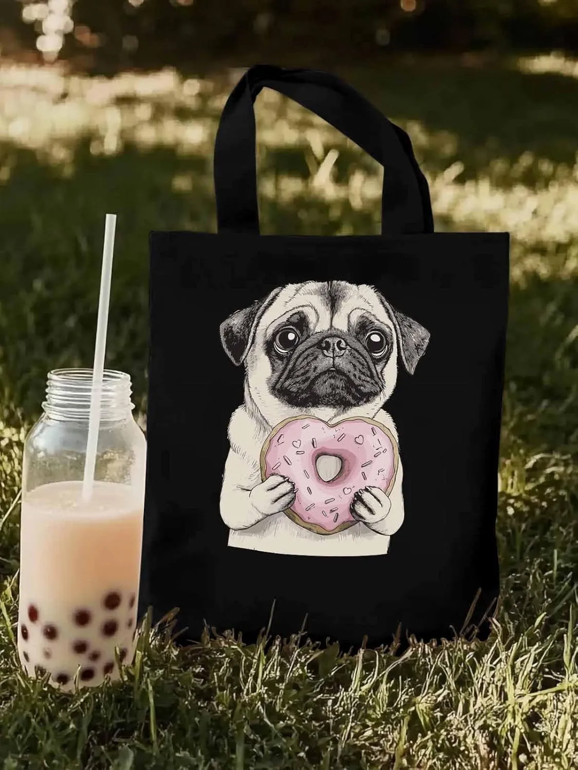 Canvas Tote Bag, Doughnut Dog Cartoons Aesthetic Canvas Tote Handbags for Women Shoulder Bag
