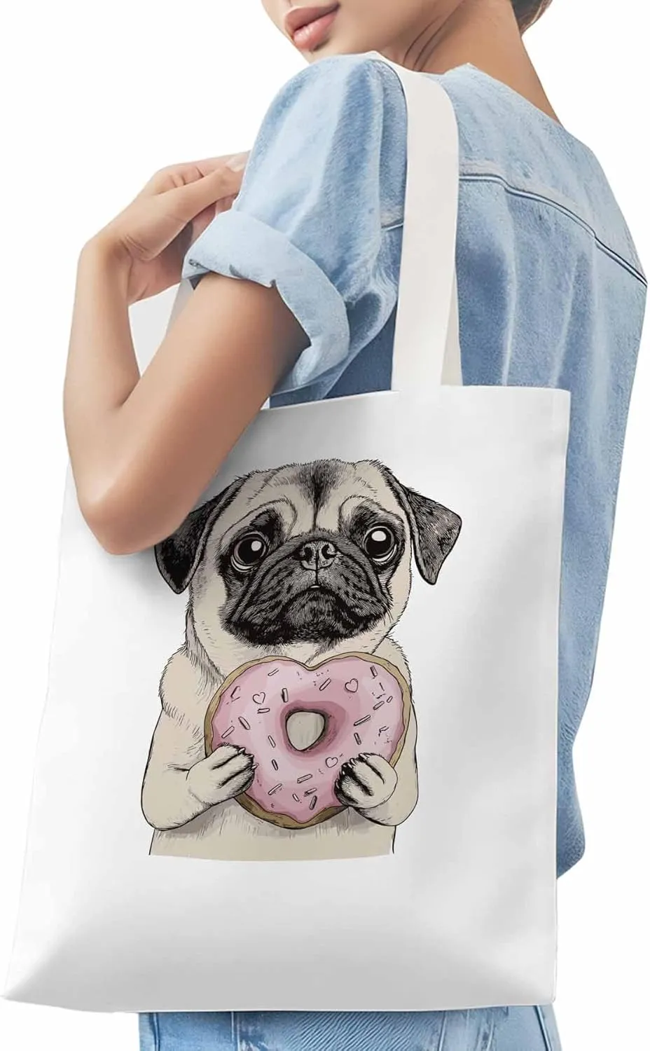 Canvas Tote Bag, Doughnut Dog Cartoons Aesthetic Canvas Tote Handbags for Women Shoulder Bag