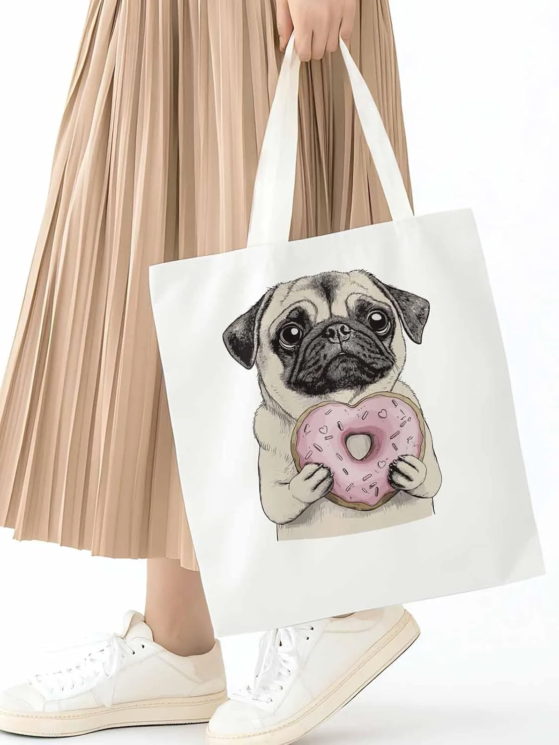 Canvas Tote Bag, Doughnut Dog Cartoons Aesthetic Canvas Tote Handbags for Women Shoulder Bag