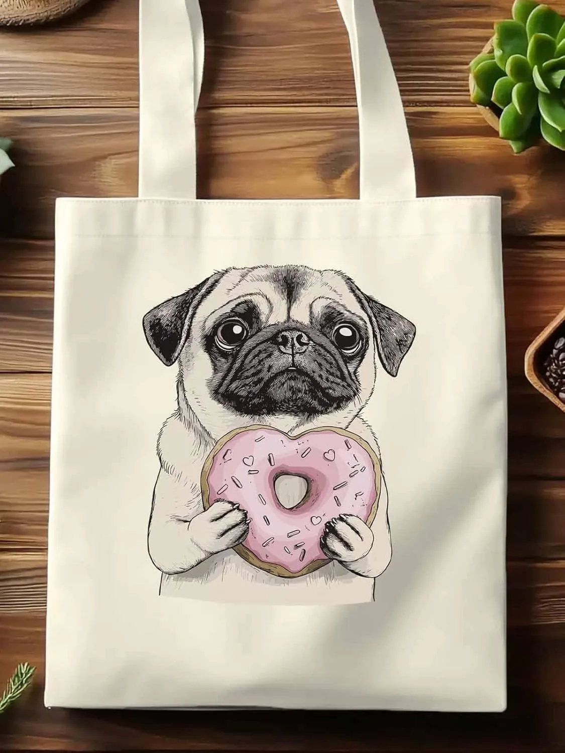 Canvas Tote Bag, Doughnut Dog Cartoons Aesthetic Canvas Tote Handbags for Women Shoulder Bag