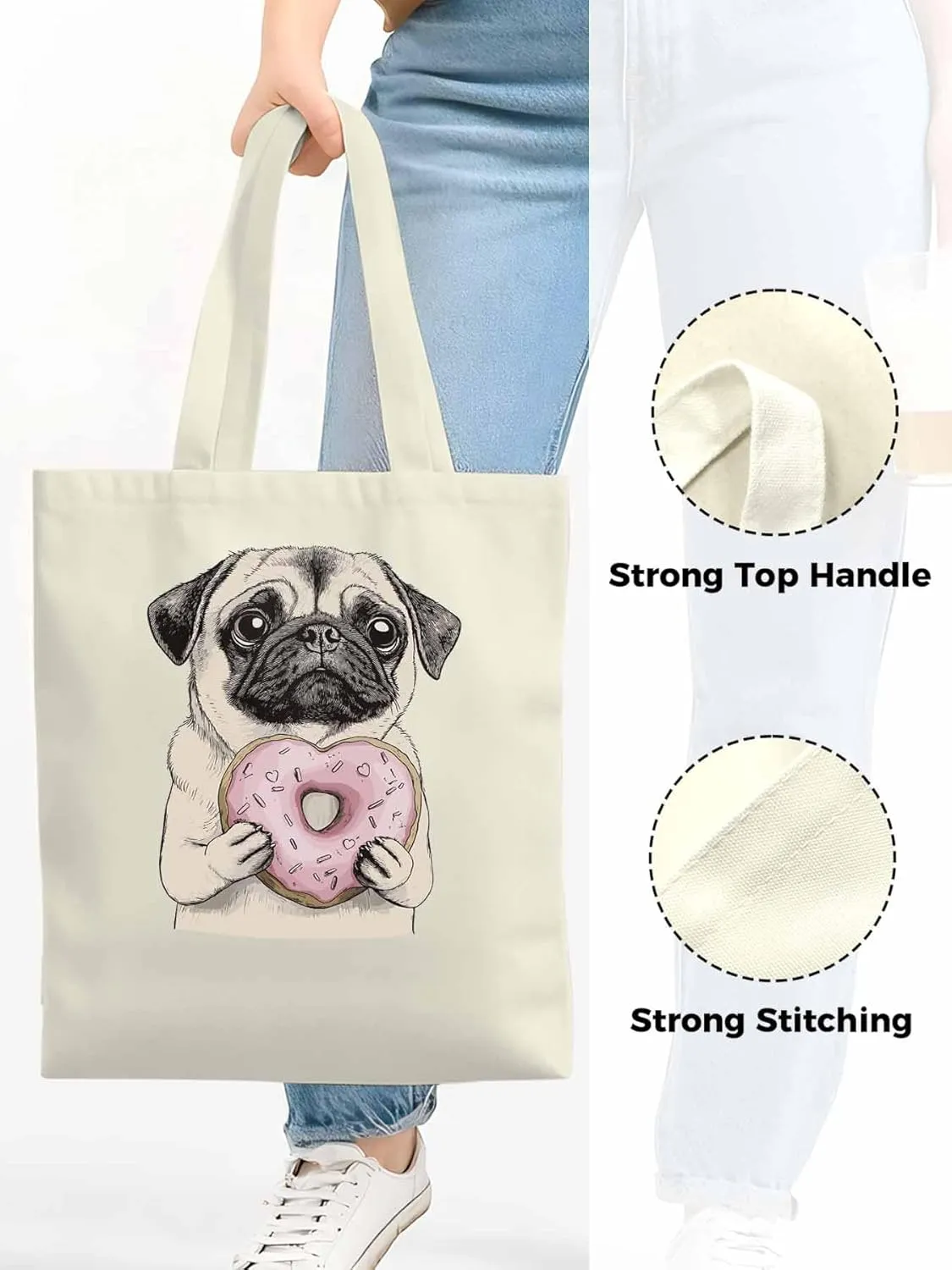 Canvas Tote Bag, Doughnut Dog Cartoons Aesthetic Canvas Tote Handbags for Women Shoulder Bag