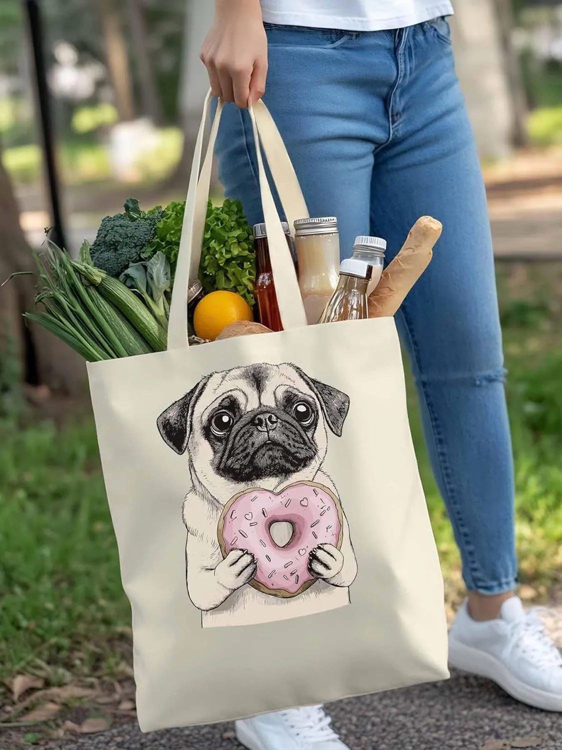 Canvas Tote Bag, Doughnut Dog Cartoons Aesthetic Canvas Tote Handbags for Women Shoulder Bag