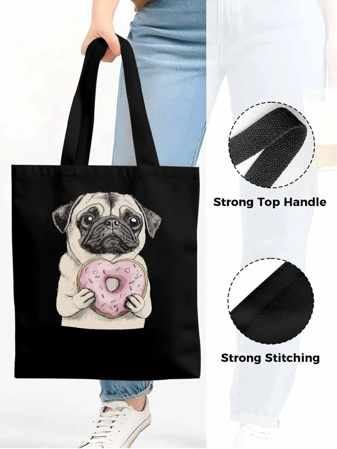 Canvas Tote Bag, Doughnut Dog Cartoons Aesthetic Canvas Tote Handbags for Women Shoulder Bag