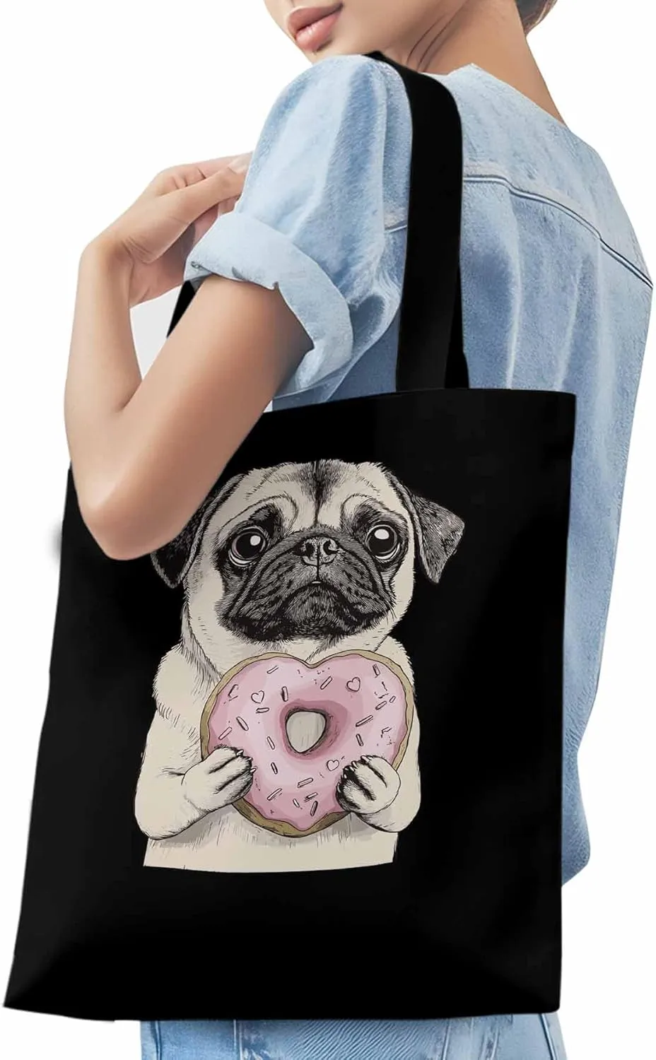 Canvas Tote Bag, Doughnut Dog Cartoons Aesthetic Canvas Tote Handbags for Women Shoulder Bag