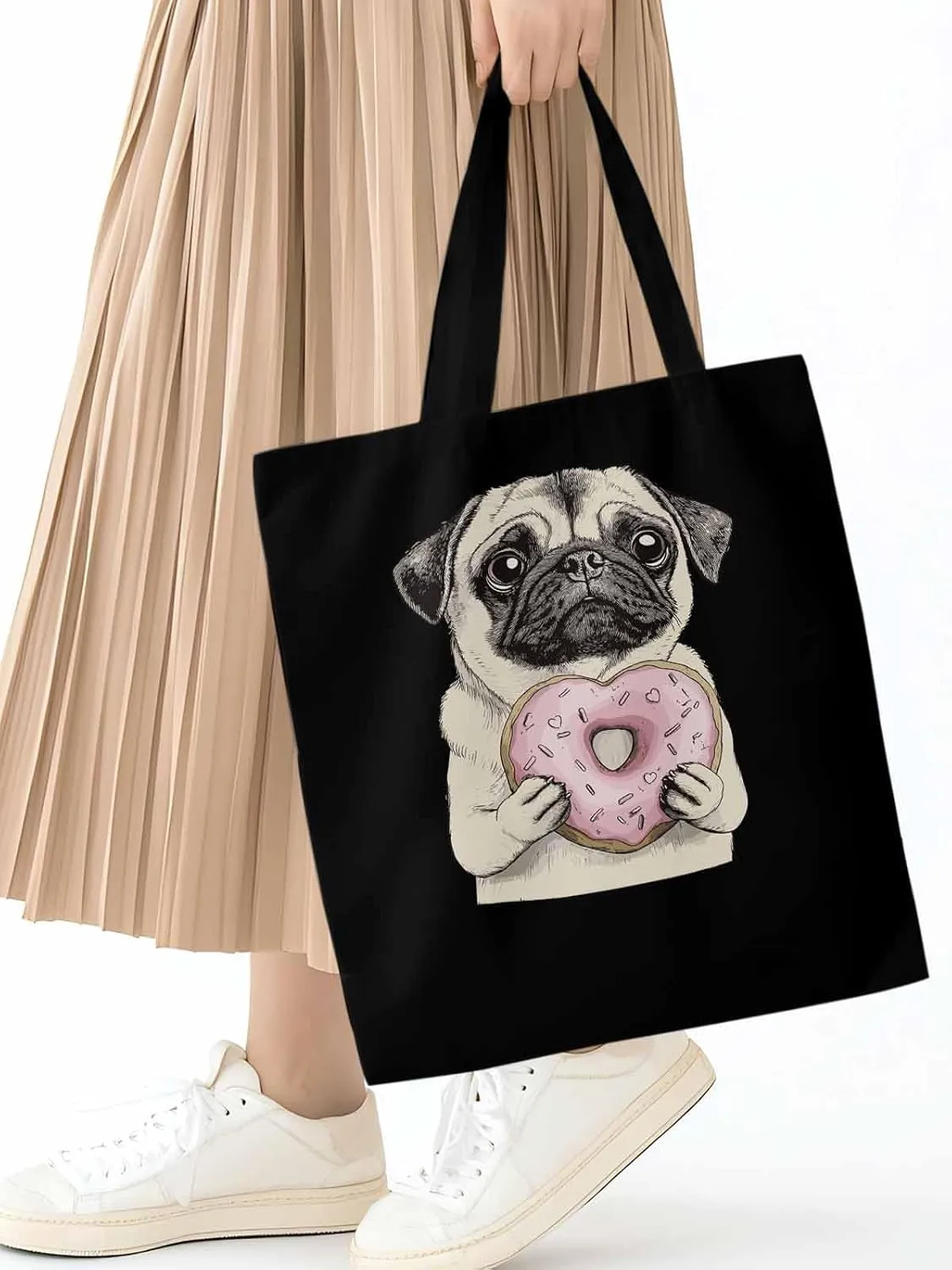 Canvas Tote Bag, Doughnut Dog Cartoons Aesthetic Canvas Tote Handbags for Women Shoulder Bag