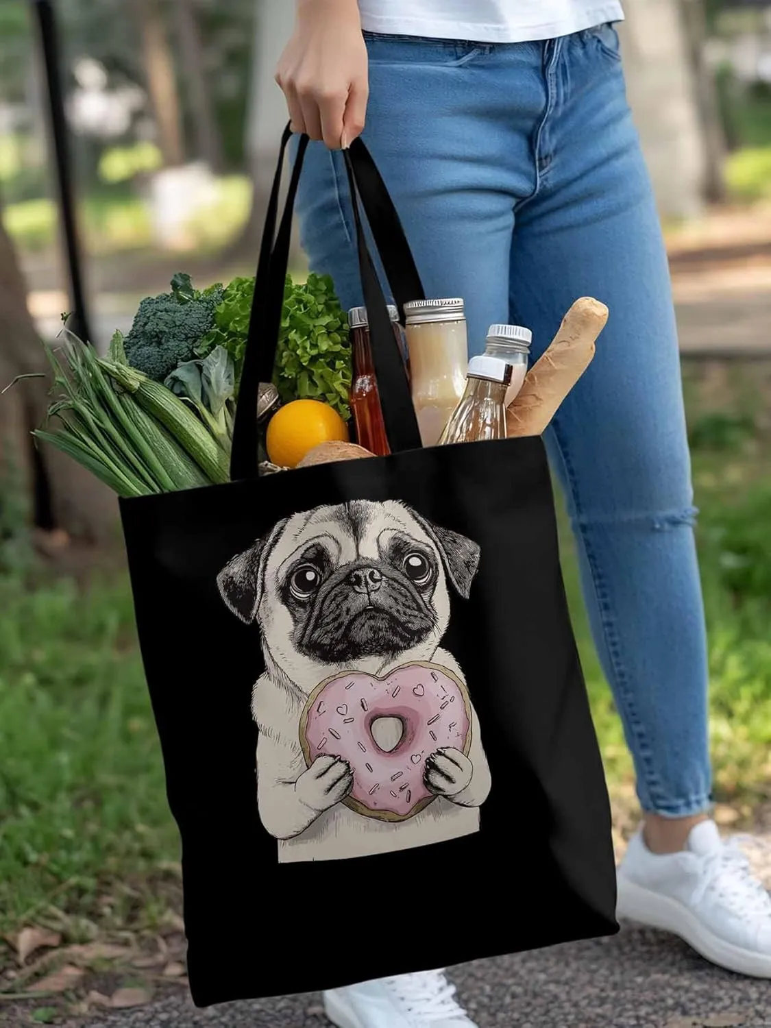 Canvas Tote Bag, Doughnut Dog Cartoons Aesthetic Canvas Tote Handbags for Women Shoulder Bag