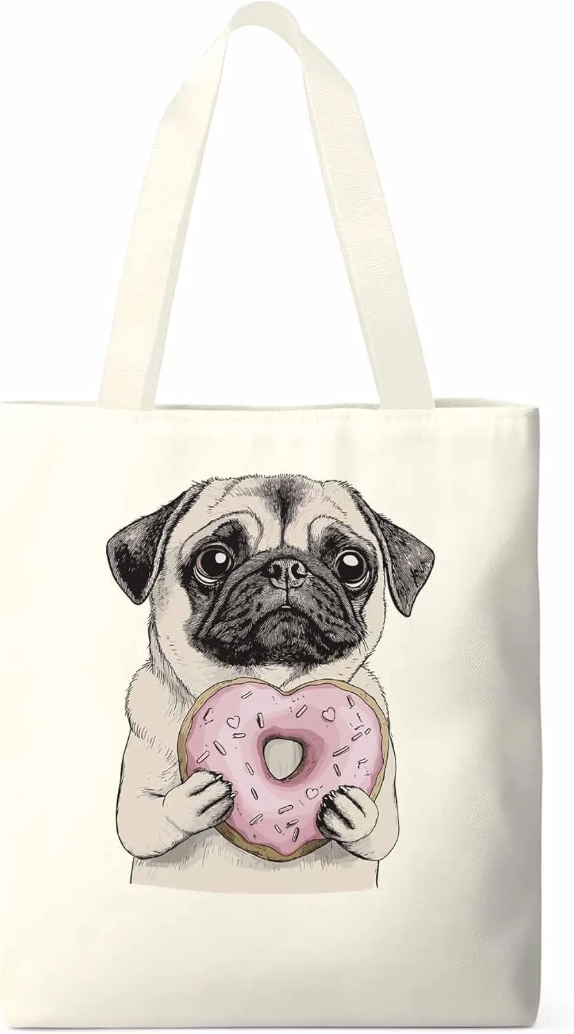 Canvas Tote Bag, Doughnut Dog Cartoons Aesthetic Canvas Tote Handbags for Women Shoulder Bag