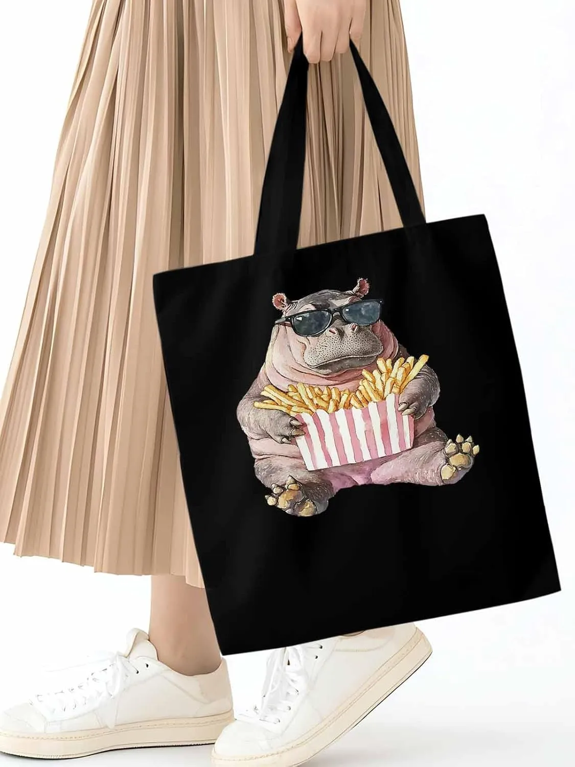 Canvas Tote Bag, Eating French Fries Hippopotamus Aesthetic Canvas Tote Handbags for Women Shoulder Bag,
