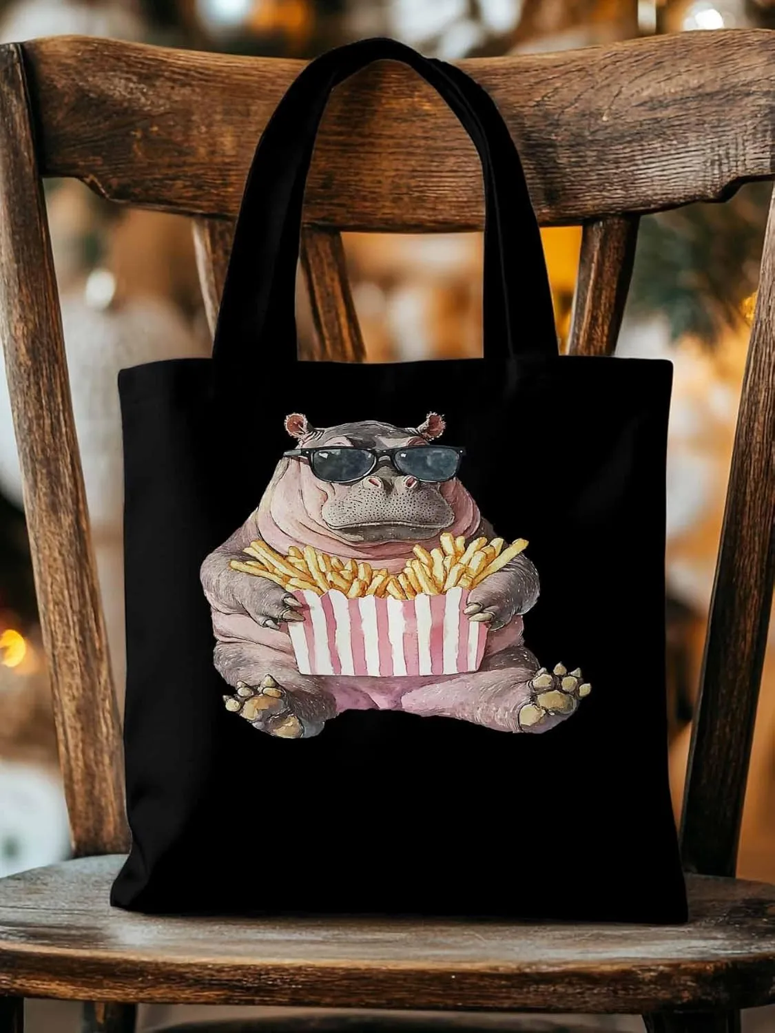 Canvas Tote Bag, Eating French Fries Hippopotamus Aesthetic Canvas Tote Handbags for Women Shoulder Bag,