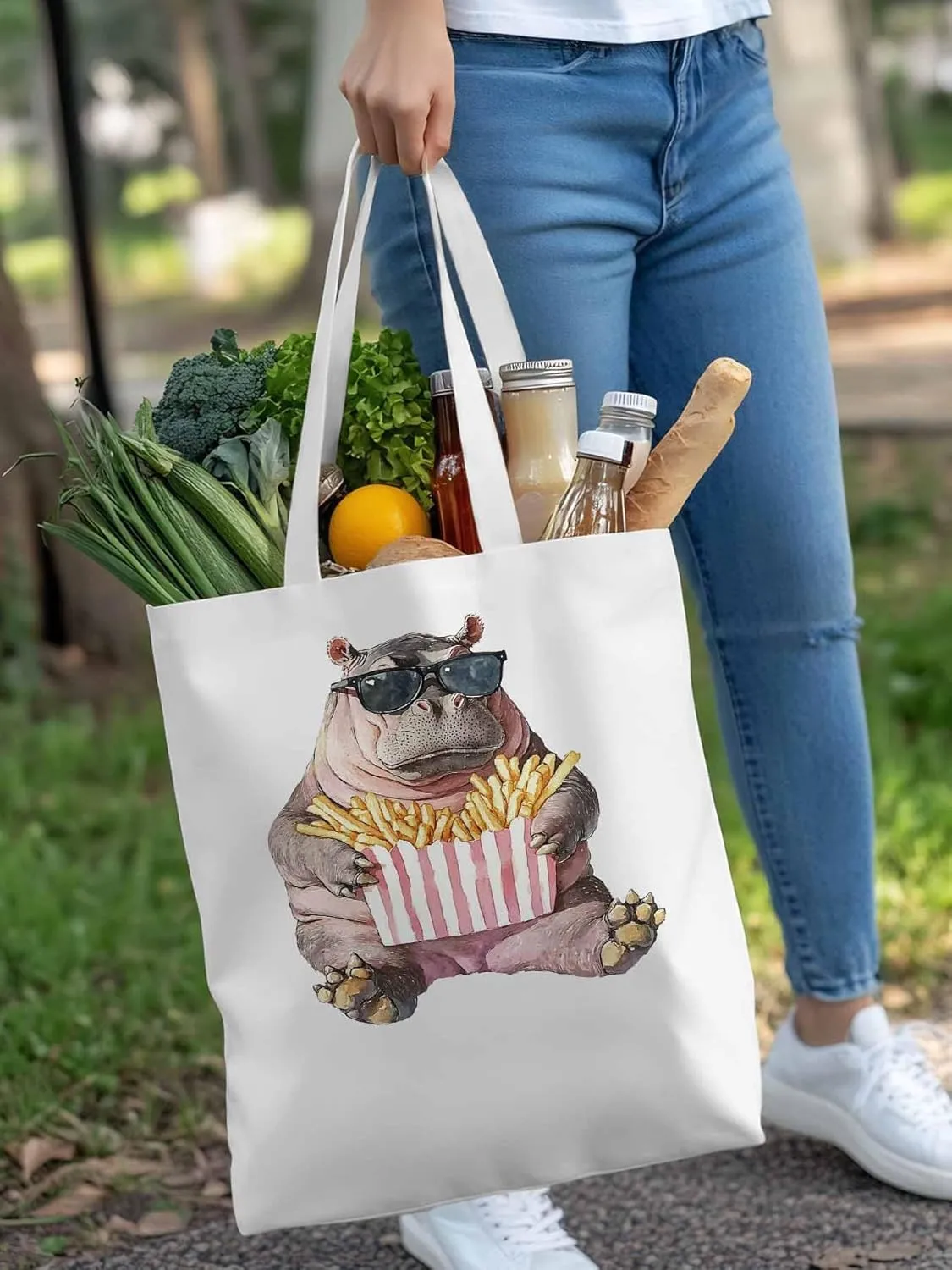 Canvas Tote Bag, Eating French Fries Hippopotamus Aesthetic Canvas Tote Handbags for Women Shoulder Bag,