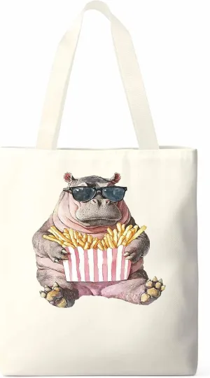 Canvas Tote Bag, Eating French Fries Hippopotamus Aesthetic Canvas Tote Handbags for Women Shoulder Bag,