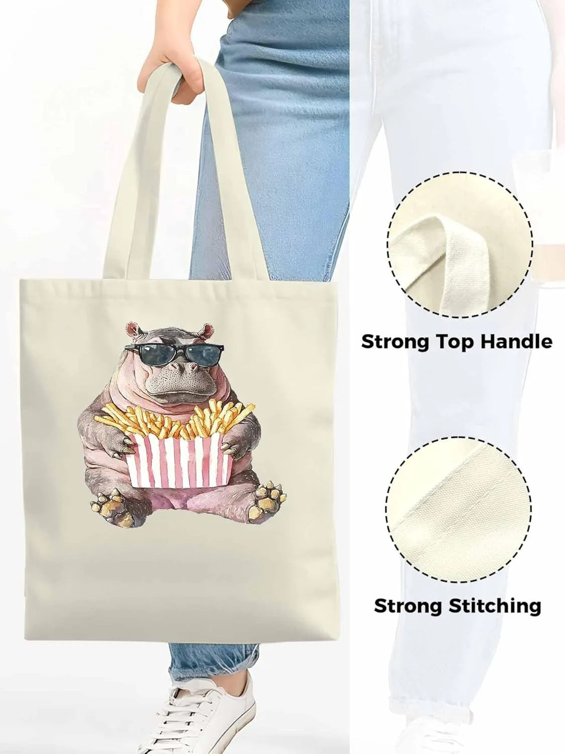 Canvas Tote Bag, Eating French Fries Hippopotamus Aesthetic Canvas Tote Handbags for Women Shoulder Bag,