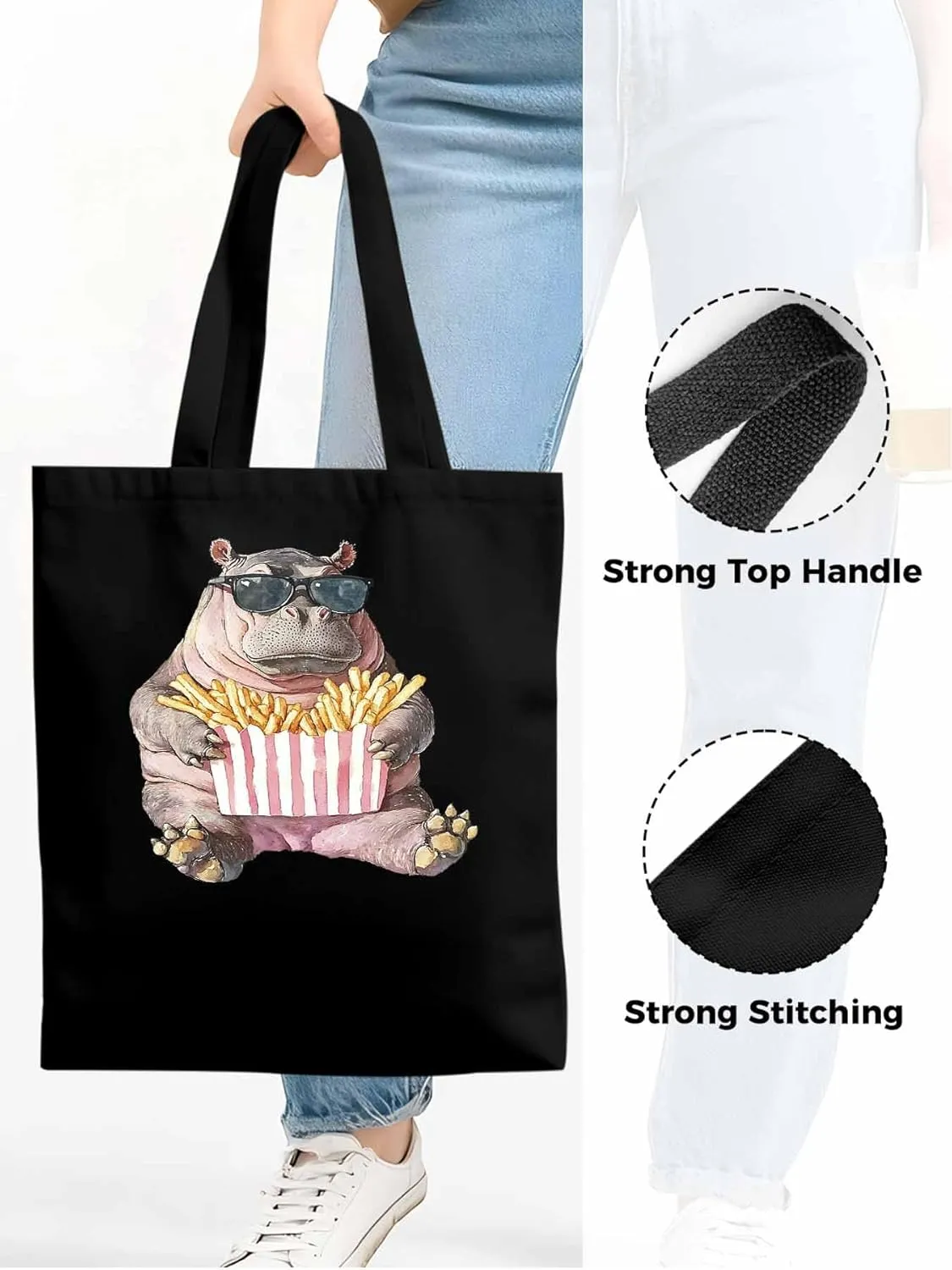 Canvas Tote Bag, Eating French Fries Hippopotamus Aesthetic Canvas Tote Handbags for Women Shoulder Bag,
