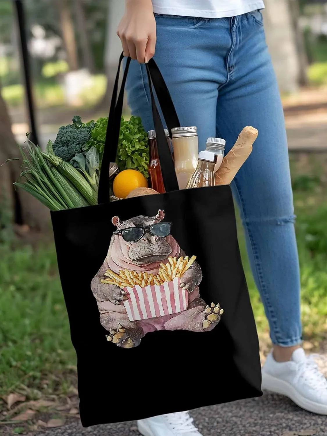 Canvas Tote Bag, Eating French Fries Hippopotamus Aesthetic Canvas Tote Handbags for Women Shoulder Bag,
