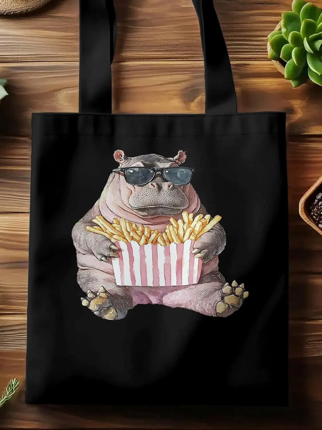 Canvas Tote Bag, Eating French Fries Hippopotamus Aesthetic Canvas Tote Handbags for Women Shoulder Bag,