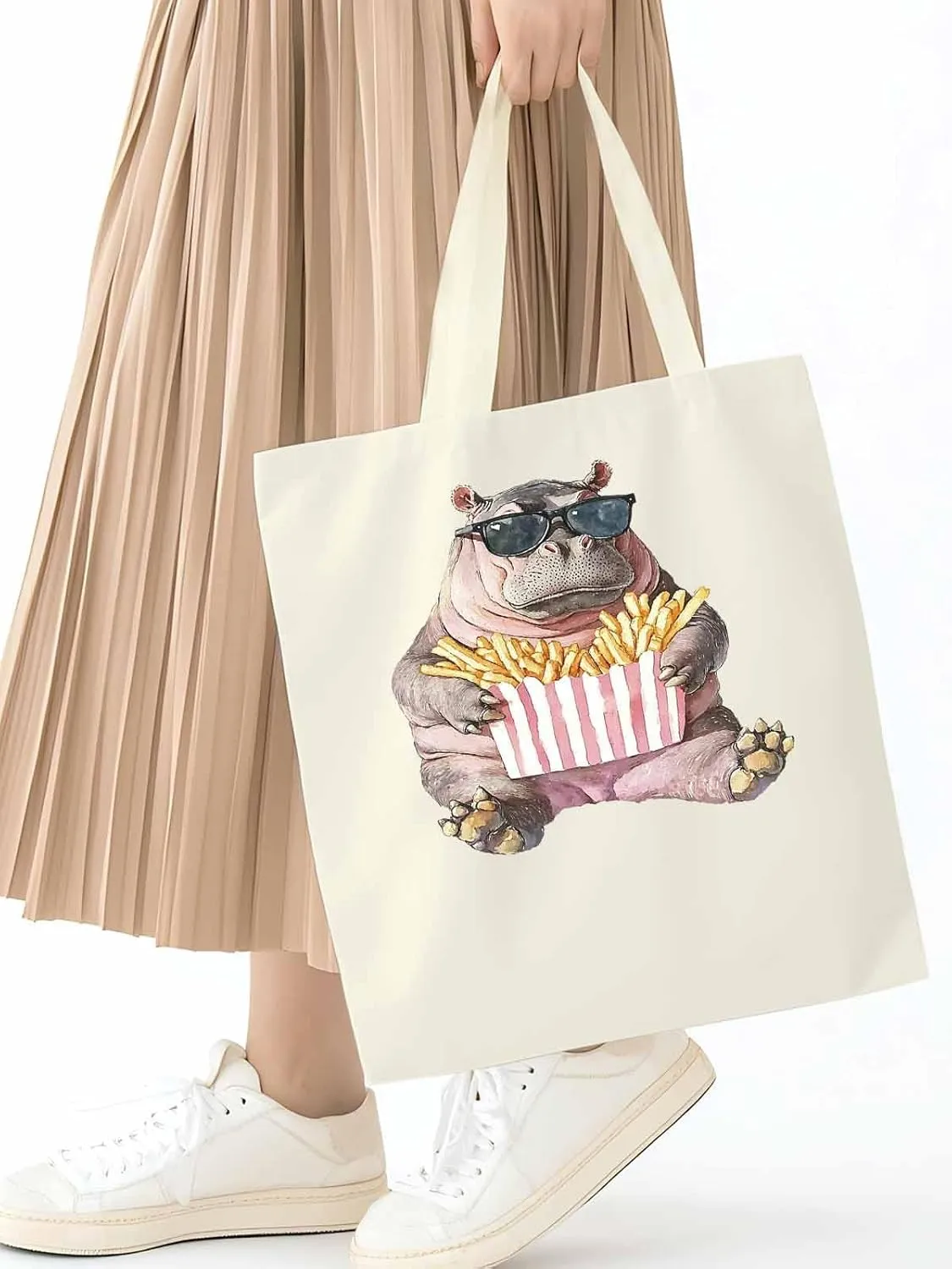 Canvas Tote Bag, Eating French Fries Hippopotamus Aesthetic Canvas Tote Handbags for Women Shoulder Bag,
