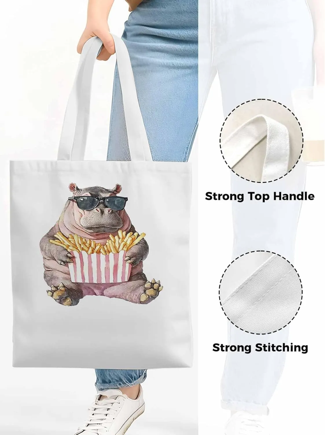 Canvas Tote Bag, Eating French Fries Hippopotamus Aesthetic Canvas Tote Handbags for Women Shoulder Bag,
