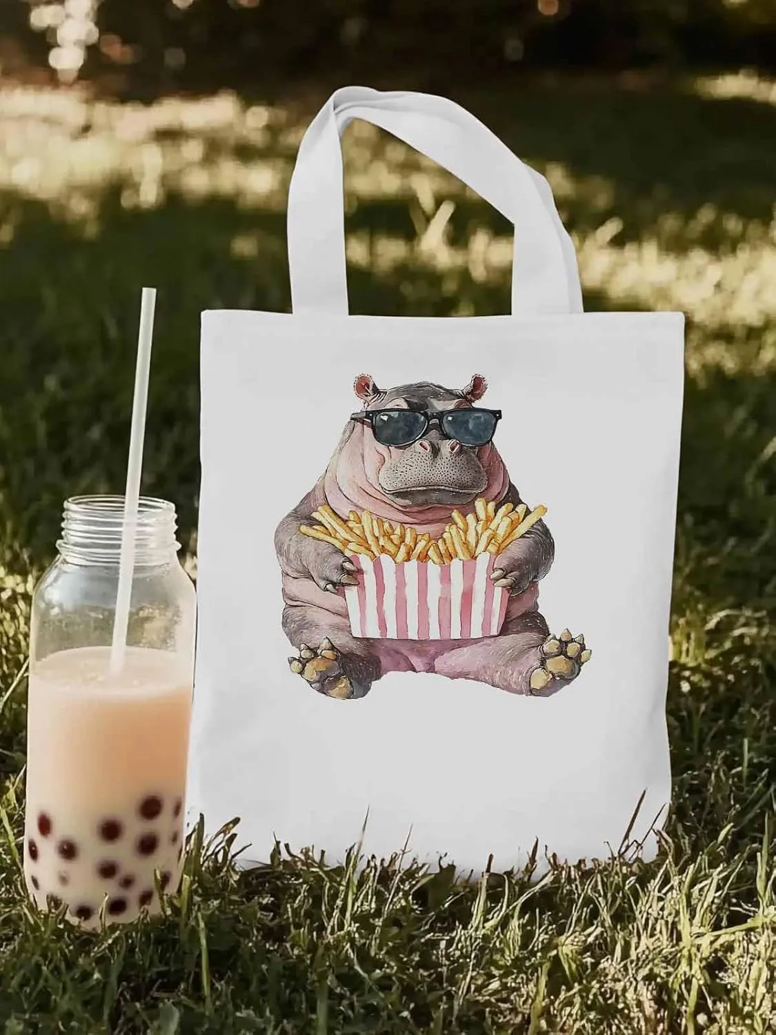 Canvas Tote Bag, Eating French Fries Hippopotamus Aesthetic Canvas Tote Handbags for Women Shoulder Bag,