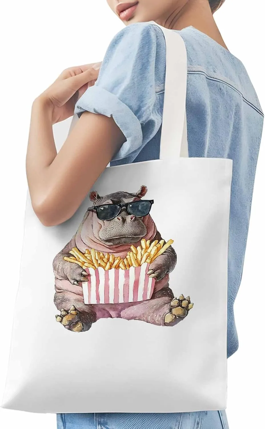 Canvas Tote Bag, Eating French Fries Hippopotamus Aesthetic Canvas Tote Handbags for Women Shoulder Bag,