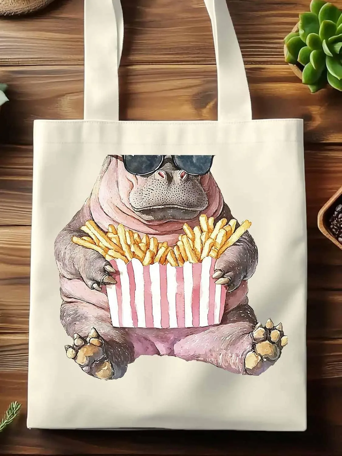 Canvas Tote Bag, Eating French Fries Hippopotamus Aesthetic Canvas Tote Handbags for Women Shoulder Bag,