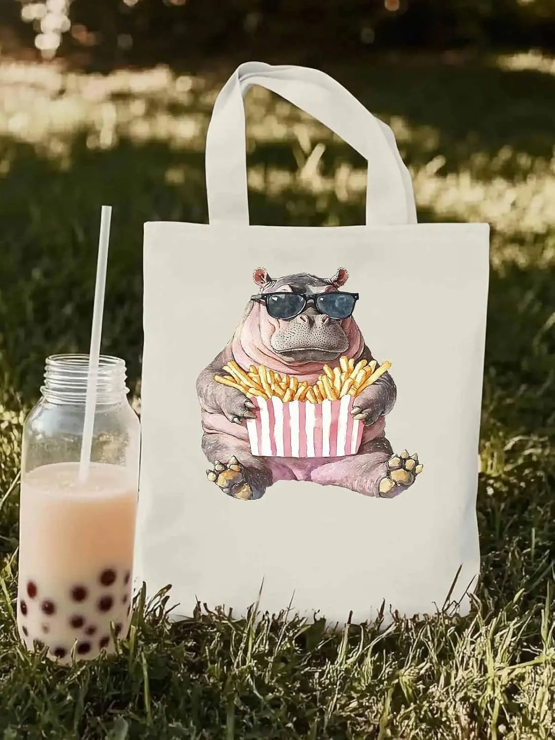 Canvas Tote Bag, Eating French Fries Hippopotamus Aesthetic Canvas Tote Handbags for Women Shoulder Bag,