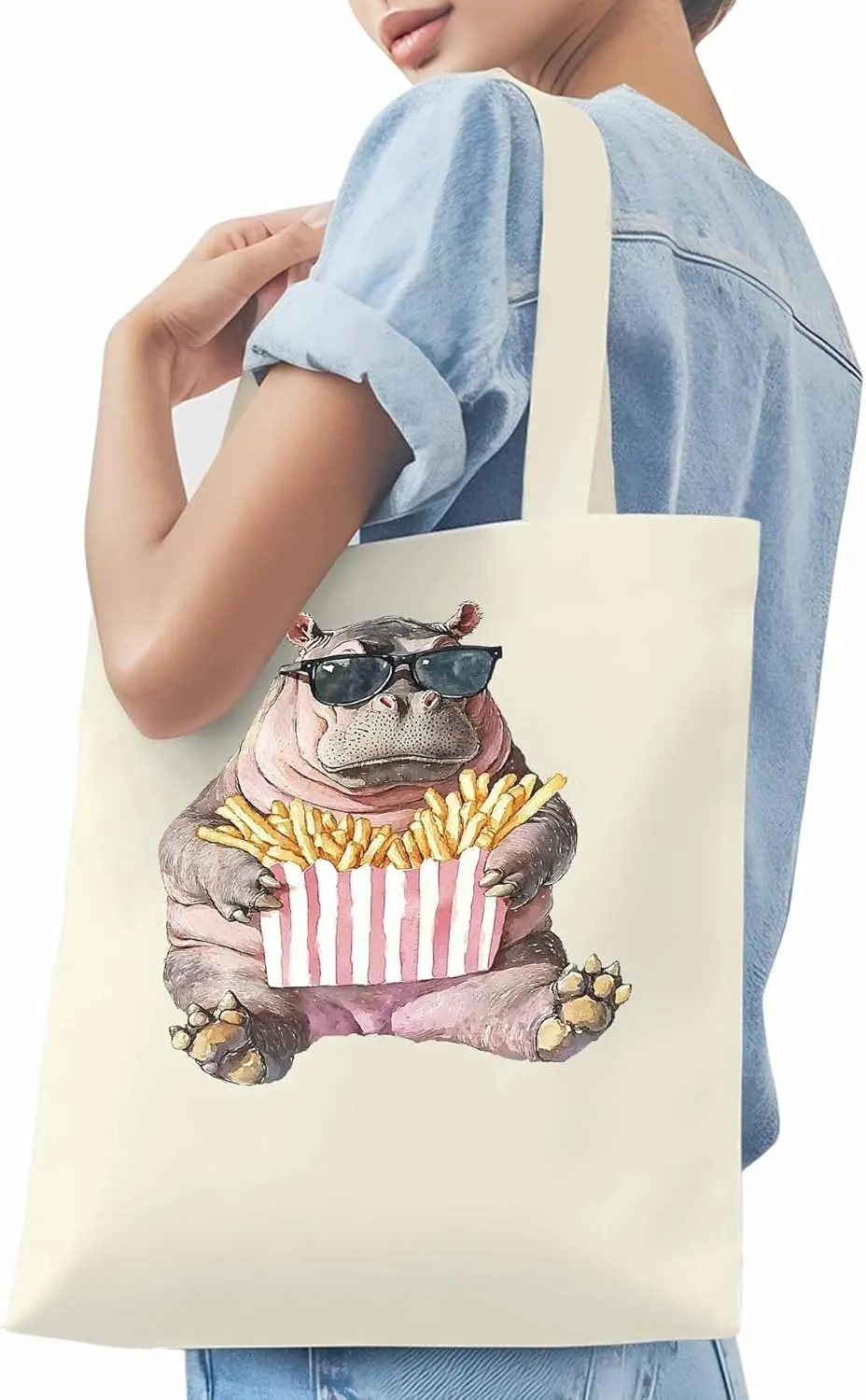 Canvas Tote Bag, Eating French Fries Hippopotamus Aesthetic Canvas Tote Handbags for Women Shoulder Bag,
