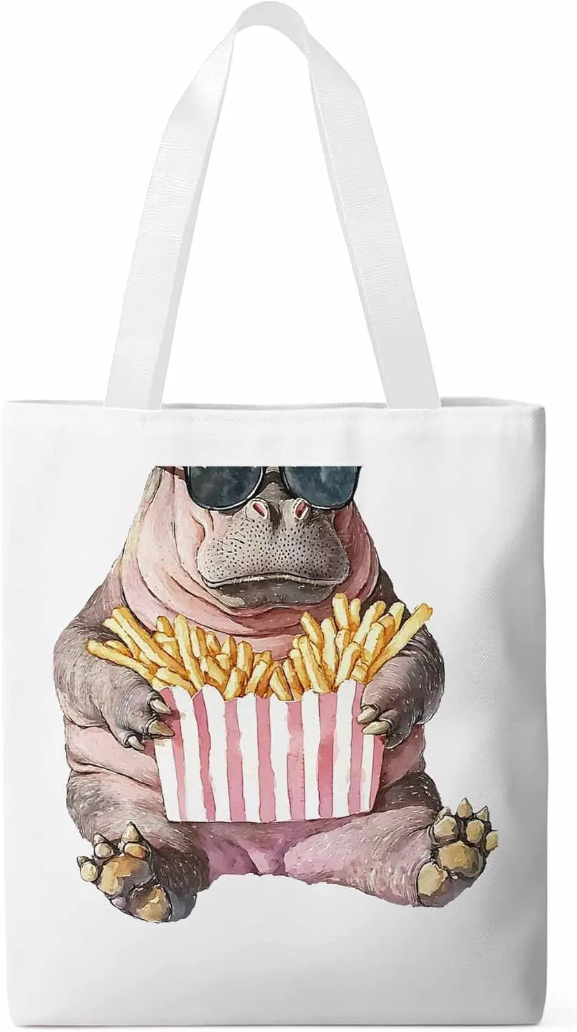 Canvas Tote Bag, Eating French Fries Hippopotamus Aesthetic Canvas Tote Handbags for Women Shoulder Bag,