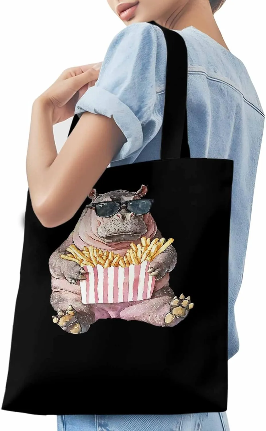 Canvas Tote Bag, Eating French Fries Hippopotamus Aesthetic Canvas Tote Handbags for Women Shoulder Bag,