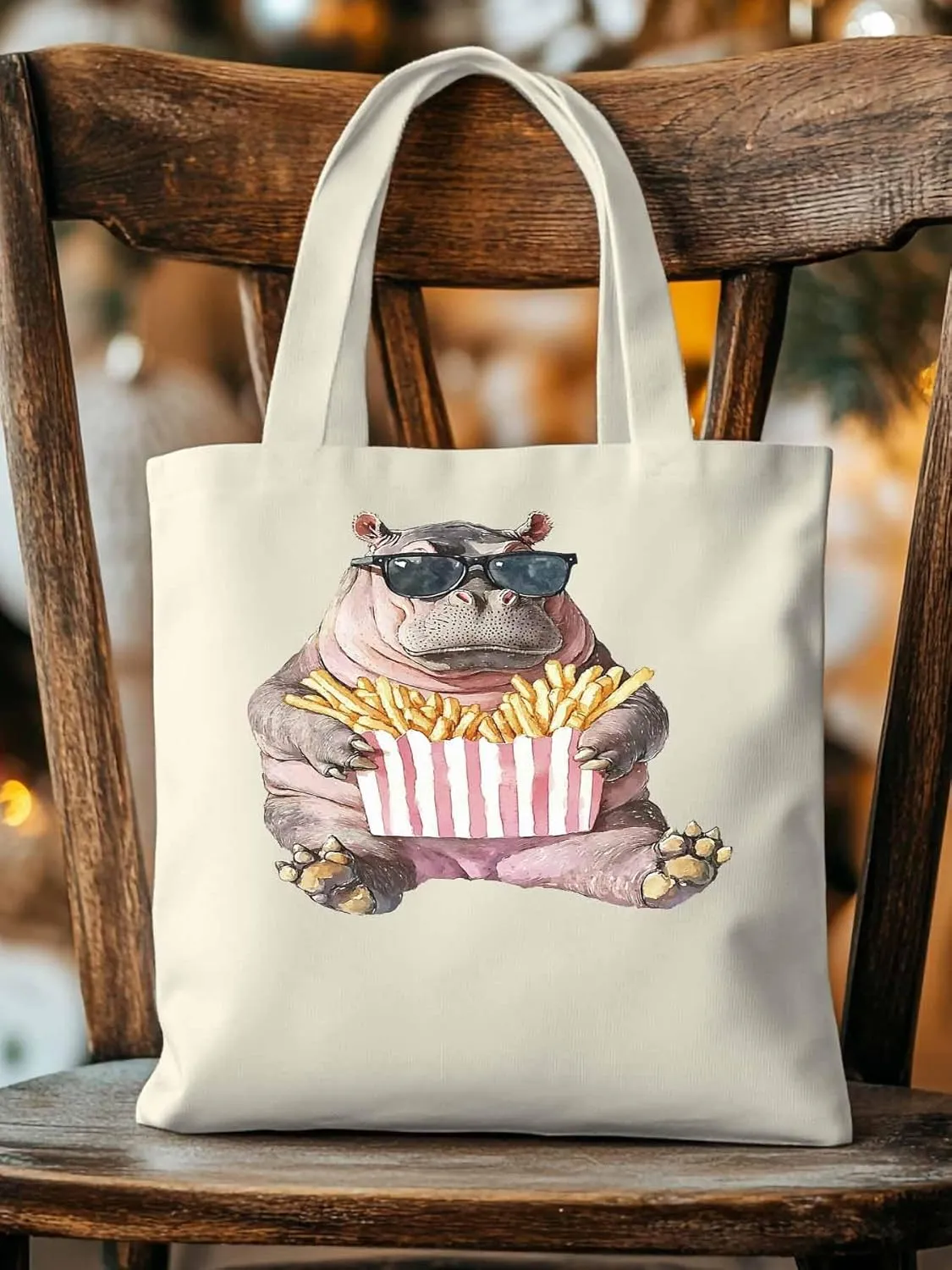 Canvas Tote Bag, Eating French Fries Hippopotamus Aesthetic Canvas Tote Handbags for Women Shoulder Bag,