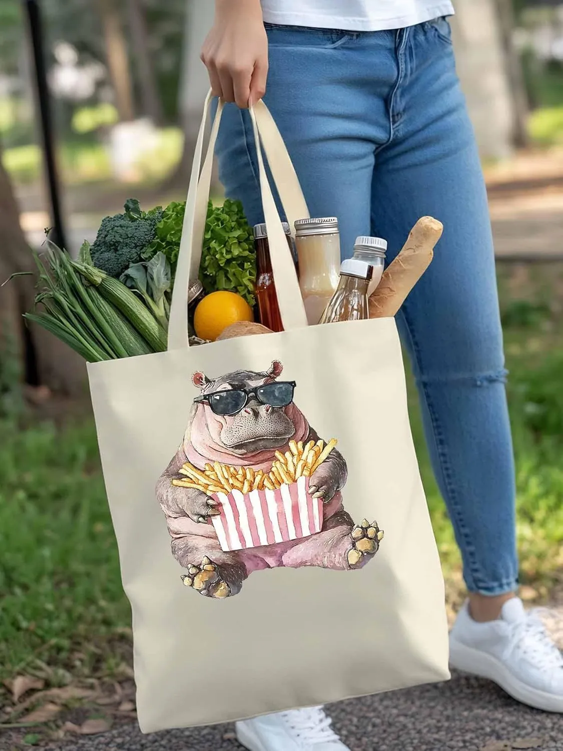Canvas Tote Bag, Eating French Fries Hippopotamus Aesthetic Canvas Tote Handbags for Women Shoulder Bag,
