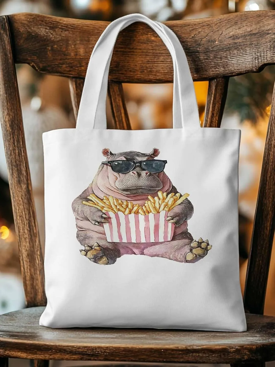 Canvas Tote Bag, Eating French Fries Hippopotamus Aesthetic Canvas Tote Handbags for Women Shoulder Bag,