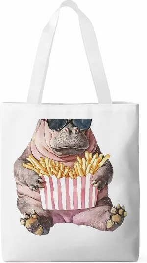 Canvas Tote Bag, Eating French Fries Hippopotamus Aesthetic Canvas Tote Handbags for Women Shoulder Bag,