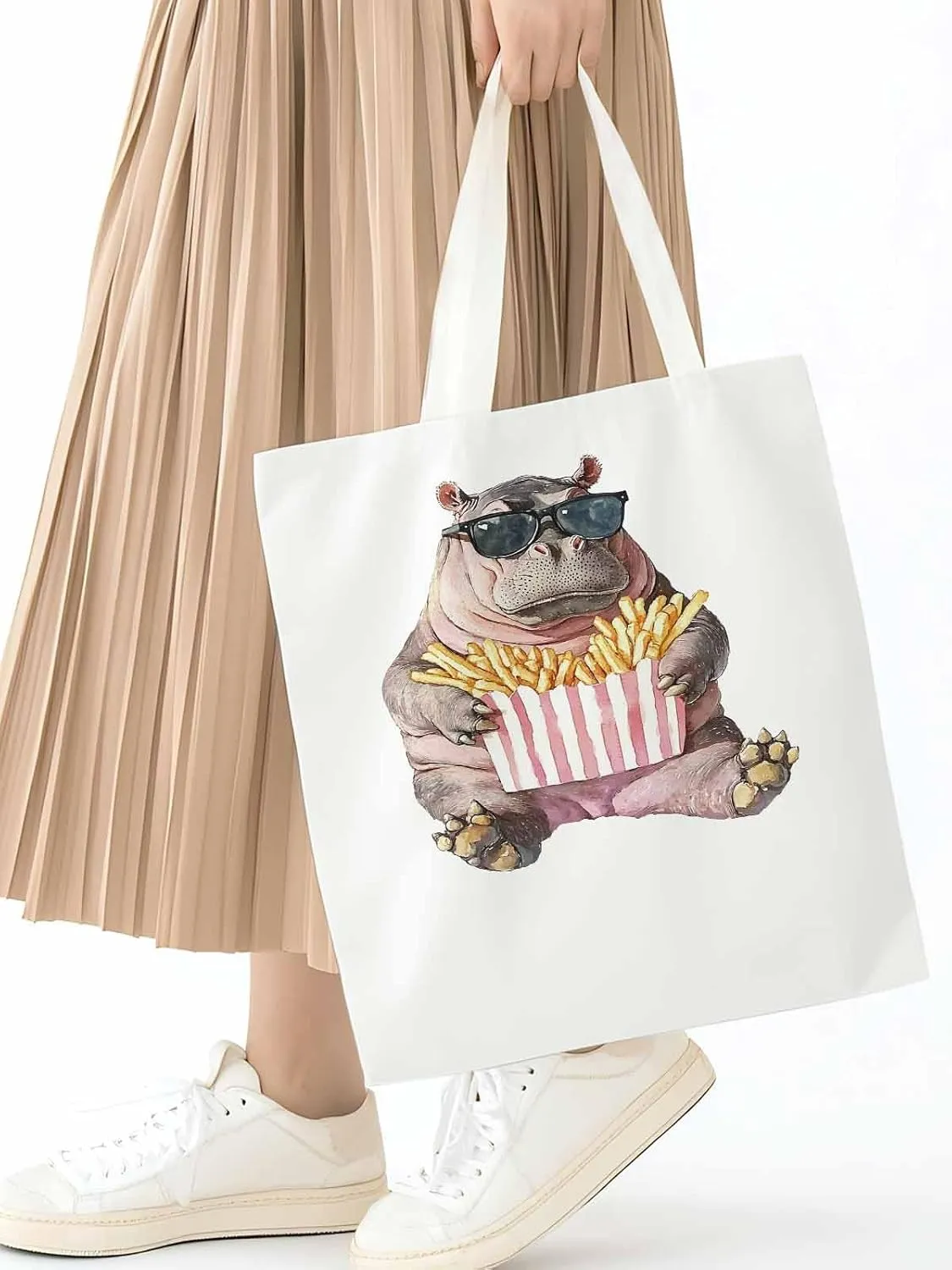 Canvas Tote Bag, Eating French Fries Hippopotamus Aesthetic Canvas Tote Handbags for Women Shoulder Bag,