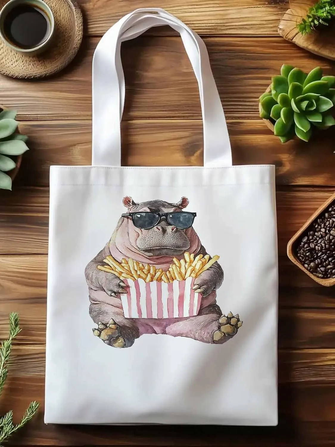 Canvas Tote Bag, Eating French Fries Hippopotamus Aesthetic Canvas Tote Handbags for Women Shoulder Bag,