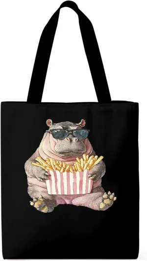 Canvas Tote Bag, Eating French Fries Hippopotamus Aesthetic Canvas Tote Handbags for Women Shoulder Bag,