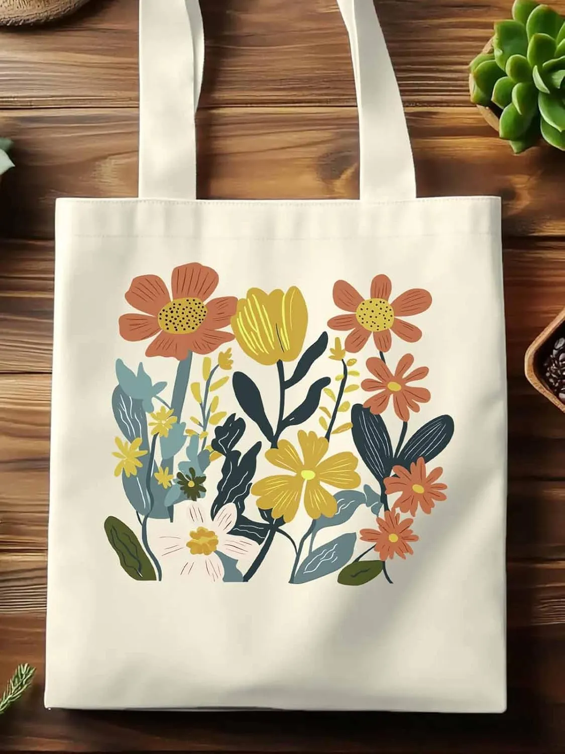 Canvas Tote Bag, Farmhouse Boho Daisy Flowers Aesthetic Canvas Tote Handbags for Women Shoulder Bag