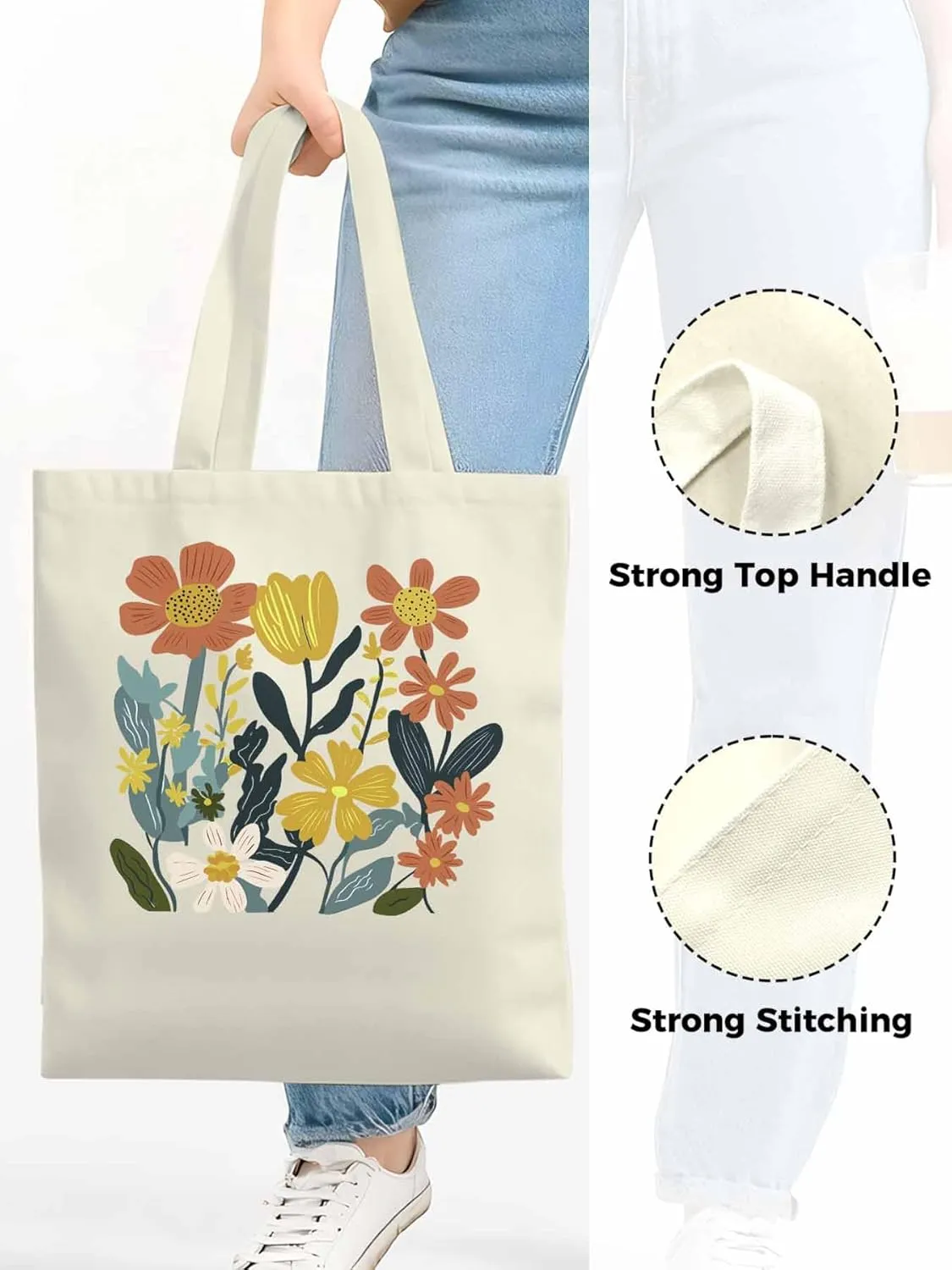 Canvas Tote Bag, Farmhouse Boho Daisy Flowers Aesthetic Canvas Tote Handbags for Women Shoulder Bag