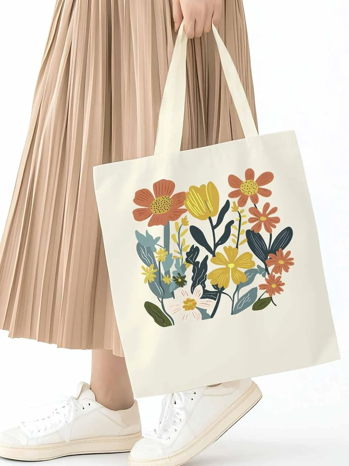 Canvas Tote Bag, Farmhouse Boho Daisy Flowers Aesthetic Canvas Tote Handbags for Women Shoulder Bag