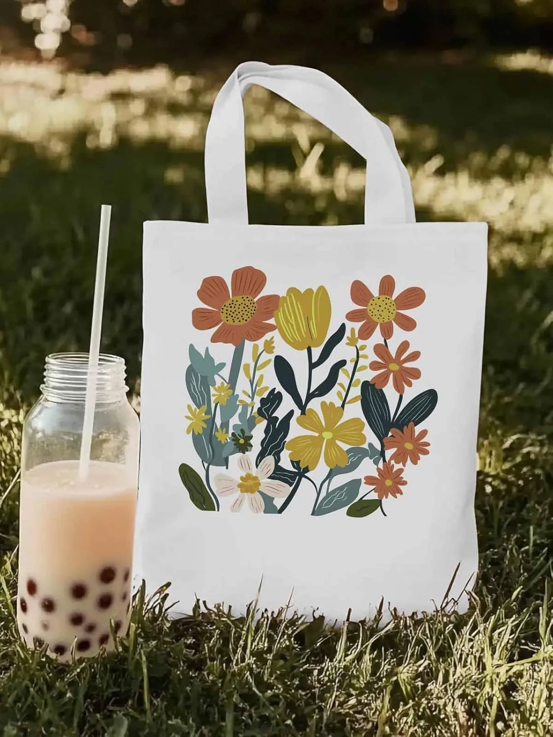 Canvas Tote Bag, Farmhouse Boho Daisy Flowers Aesthetic Canvas Tote Handbags for Women Shoulder Bag