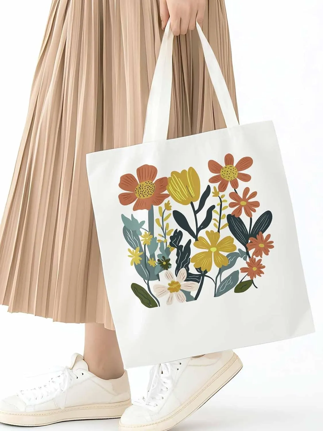 Canvas Tote Bag, Farmhouse Boho Daisy Flowers Aesthetic Canvas Tote Handbags for Women Shoulder Bag
